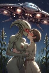 2girls ai_generated alien_girl alien_humanoid blush brown_hair closed_eyes clothed_female_nude_female cornfield cornrows elongated_head extraterrestrial female/female female_only glowing_eyes green_skin hairless height_difference kissing large_breasts light-skinned_female lovers married_couple medieval middle_ages night_sky nipples peasant_woman red_eyes reincarnation reunion romantic_night short_hair spaceship stars tongue_kiss white_female wife_and_wife yuri