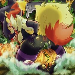 anthro anus big_tail bodily_fluids braixen drooling female feral generation_6_pokemon genital_fluids halloween hi_res hirothedragon holidays nintendo object_penetration pawpads pokemon pokemon_(species) pumpkin_masturbation saliva solo tail thick_thighs vaginal_fluids