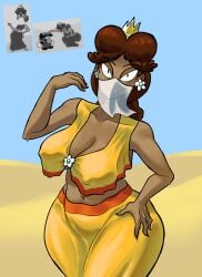 ad-sink-0 alternate_breast_size alternate_costume arabian_clothes belly belly_button breast_curtains breasts brown_hair cleavage clothed covered_nipples crown dark-skinned_female dark_skin desert dress ear_piercing earrings expressionless fanning_self female female_focus female_only hand_on_hip large_breasts looking_at_viewer midriff navel nintendo no_bra obscured_face outside princess princess_daisy royalty sash short_hair skirt solo solo_female solo_focus super_mario_bros. super_mario_land sweat sweatdrop sweating sweating_profusely thick_ass thick_thighs very_sweaty vest wide_hips yellow_clothing