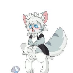 animated big_penis blue_eyes blush changed_(video_game) clothing erection fur furry garter_belt garter_straps genitals grey_body grey_fur maid_uniform male male_focus male_only milkis2000 panties penis potion solo underwear uniform vein veiny_penis