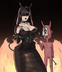 1boy 1girls alternative_fashion bangs bangs_over_eyes big_breasts black_lipstick bongo_cat bra cleavage collar corset curvy demon demon_tail dog_collar dominant dominant_female domination dress eyes_covered fanart femdom fire goth goth_girl hairband horns horns_hairband light-skinned_female light_skin micropenis nekofarious no_underwear pale-skinned_female pale_skin pussy_outline pussy_visible_through_clothes real_person scary_susu see-through see-through_clothing small_penis tail teasing thick_thighs transparent_clothing