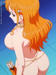 ai_generated ass berries big_breasts bikini_tanlines blush female female_only gold_coins greed heart-shaped_pupils high_res holding_coin long_hair lying_on_back money naked nami nami_(one_piece) naostudio navigator nipples nsfw nude one_piece orange_hair pile_of_treasure pussy solo tattoo tongue_out treasure_room