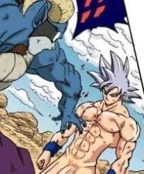 blue_skin blue_sky broken_fingers dick_out dragon_ball dragon_ball_super horns lmao moro_(dragon_ball) muscular_male shocked_expression son_goku ultra_instinct white_eyes white_hair