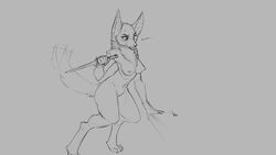 16:9 2018 angry anthro breasts canid canine canis chest_tuft dagger digitigrade female grey_background mammal melee_weapon monochrome navel nipples nude pussy simple_background snout solo standing sweat sweatdrop tailwag tuft watsup weapon wolf