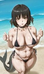 pleco-chan pleco shark_tail fish_tail kunaboto_(style) shao145 ai_generated solo solo_female 1girls curvy curvy_figure curvy_female curvy_body mature_female big_breasts large_breasts huge_breasts small_breasts light_skin light-skinned_female shiny_skin bikini micro_bikini looking_at_viewer