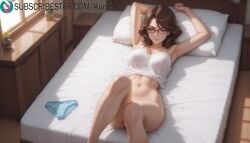 1girls ai_generated ameku_takao_no_suiri_karte armpits artist_name artist_signature bed bedroom blue_panties bottomless bow_panties breasts brown_hair collarbone convenient_leg glasses green_eyes hi_res high_resolution highres indoors kurutai looking_at_viewer lying medium_breasts navel on_back on_bed panties panties_removed parted_lips red-framed_eyewear solo subscribestar subscribestar_username sumida_junko tank_top uncensored underwear