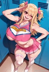 ai_generated balecxi blonde_hair brown_eyes cheerleader fairy_tail female female_only huge_breasts locker long_hair looking_at_viewer lucy_heartfilia navel one_eye_closed open_mouth patreon_username pink_skirt smile sneakers solo thighs underboob white_thighhighs