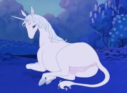 amalthea_(tlu) animal_genitalia animal_vulva anus ass bedroom_eyes classical_unicorn equid equine equine_anus equine_genitalia equine_vulva fantasy female feral genitals hi_res horn looking_at_viewer lying mammal mythological_creature mythological_equine mythology narrowed_eyes on_model presenting presenting_hindquarters rankin/bass s1ck0z0n3 seductive solo teats the_last_unicorn third-party_edit unicorn unknown_editor vulva