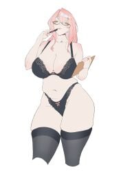 absurdres bare_arms bare_shoulders belly black-framed_eyewear black_bra black_panties black_thighhighs bow bow_bra bow_panties bra breasts cleavage clipboard collarbone commentary cowboy_shot cropped_legs english_commentary female groin hair_between_eyes hands_up highleg highleg_panties highres holding holding_clipboard holding_pen large_breasts lee_zue_ky lingerie long_hair looking_at_viewer navel panties parted_lips pen pink_hair red_bow semi-rimless_eyewear sidelocks simple_background skindentation smile solo standing thighhighs tsukishiro_yanagi under-rim_eyewear underwear underwear_only variant_set white_background yellow_eyes zenless_zone_zero
