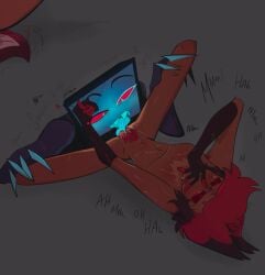 1boy 1cuntboy alastor_(hazbin_hotel) animal_ears antennae_(anatomy) bittypigeon blue_body blue_skin blush blushing chest_scar chest_tuft claws cunnilingus cuntboy dark-skinned_male dark_skin gay grabbing grey_background hazbin_hotel licking long_tongue moaning pubic_hair pussy red_eyes red_hair scar scars sharp_claws sharp_teeth short_hair simple_background sweat sweatdrop sweating trans_man transgender tugging tv_head vox_(hazbin_hotel) yaoi