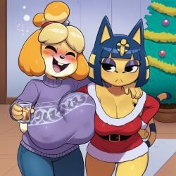 2girls ai_generated animal_crossing ankha anthro arm_around_shoulders breast_envy canine cat_ears christmas cleavage clothing drunk feline female fully_clothed furry hand_on_hip hyper_breasts isabelle_(animal_crossing) jeans large_breasts living_room nintendo nipple_bulge no_bra open_mouth santa_outfit short_hair skimpy smiling sweater tail yasuhikonsfw yellow_fur