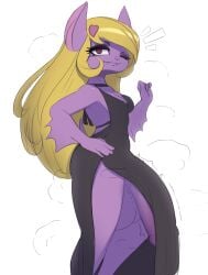 accessory andromorph anthro balls bat becky_(el_trio_beta) big_balls big_penis blonde_hair bodily_fluids clothed clothing dress el_trio_beta fancy_dress fur genitals hair hair_accessory hi_res huge_balls huge_cock hyper hyper_balls hyper_genitalia hyper_penis intersex looking_at_viewer mammal musk musk_cloud one_eye_closed penis pinup plundered pose purple_body purple_fur slit_dress solo sweat wardrobe_malfunction wings wink winking_at_viewer