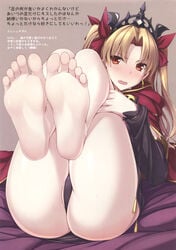 :o absurdres arm_warmers ass bangs bare_legs barefoot blonde_hair blush cape earrings embarrassed ereshkigal_(fate) eyebrows_visible_through_hair fate/grand_order fate_(series) feet feet_up female foot_fetish hair_ribbon highres japanese_text jewelry jpeg_artifacts legs_together legs_up leotard long_hair looking_at_viewer lying naturalton nose_blush open_mouth orange_eyes partially_translated partially_visible_vulva pov_feet presenting_feet red_cape red_ribbon ribbon soles solo sweat thong_leotard tiara toes translation_request twintails two_side_up v-shaped_eyebrows