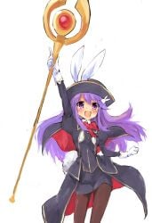 00s 1boy crossdressing crossdressing_(mtf) femboy gloves happiness! happy hat holding holding_staff long_hair magic_staff male_focus pantyhose purple_hair solo staff trap u_(the_unko) watarase_jun white_background