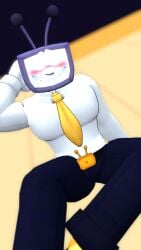 1boy blurry_background blush deltarune deltarune_chapter_3 flustered hand_behind_head looking_at_viewer looking_up male male_only necktie nervous on_stage sitting sitting_on_floor solo solo_male stage tenna_(deltarune) tv_head vrchat