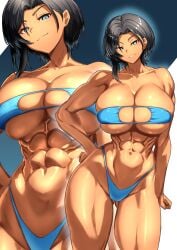 1girls abs absurd_res arm_at_side bikini black_hair blue_bikini blue_eyes breasts eyepatch_bikini hand_on_own_hip hi_res huge_breasts kiteno_kiten looking_at_viewer muscular muscular_female navel obliques original short_hair skindentation smile standing swimsuit tan