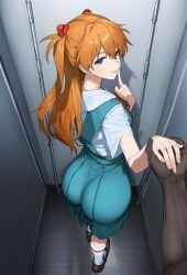 ai_generated asuka_langley_sohryu big_ass blue_eyes dark-skinned_male finger_to_mouth from_above from_behind holding_hands interracial large_ass looking_back neon_genesis_evangelion orange_hair pluqqi pov red_hair school_uniform schoolgirl smile tight_clothing toilet toilet_stall