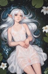artist_name breasts closed_mouth dress elf female flower frieren futanari green_eyes hair_spread_out highres long_hair lying nipples on_back on_water parted_bangs penis personal_ami pointy_ears see-through_clothes see-through_dress signature small_breasts solo sousou_no_frieren thick_eyebrows water wet wet_clothes wet_dress white_dress white_flower