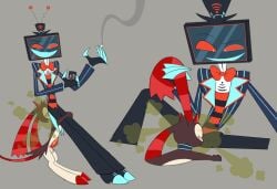 anthro balls canon_x_oc cigarette clockstops3am conditional_dnp dominant dominant_male duo ear_pull electronics fart fart_fetish farting_on_face for_a_head general:labbit genitals hazbin_hotel hellaverse hi_res imp l33t_(labbit) labbit1337 male male/male object_head penis phone screen screen_face screen_head smoke television tv_head vox_(hazbin_hotel)