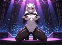 ai_generated anthro anthro_only female female_focus furry furry_female furry_only highres inside kneeling liwih looking_at_viewer navel nightclub pasties reverse_bunnysuit solo stage stomach tagme taped_pussy toriel undertale undertale_(series)