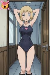 ai_generated armpits arms_behind_head artist_logo bangs bare_legs bare_shoulders bare_skin bare_thighs bathing_suit bellybutton big_breasts blonde-haired_female blonde_female blonde_hair blonde_hair_female blue_eyes blush breasts clothed collarbone cute cute_female dark_swimsuit eyebrows eyes_open female female_only footwear fully_clothed fully_clothed_female hair hallway hands_behind_head heart heart_symbol high_resolution highleg_one-piece_swimsuit highleg_swimsuit highres human hunnyhive(artist) indoors knees large_breasts legs legs_together light-skinned_female light_skin looking_away midriff mouth navel navel_visible_through_clothes no_panties one-piece_swimsuit one_piece_swimsuit open_eyes open_mouth patricia_thompson pussy_visible_through_swimsuit sexy sexy_armpits sexy_body sexy_female short_hair shoulders skintight smooth_skin solo solo_female soul_eater standing standing_female straps studio_bones swimsuit thigh_gap thighs tight_clothing vagina_visible_through_clothing window windows