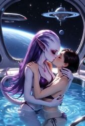 2girls ai_generated alien_girl animated blush closed_eyes female/female female_only height_difference hugging human_female jewelry light-skinned_female long_ears lovers married_couple necklace outer_space pool purple_eyes purple_eyeshadow purple_hair purple_nails purple_skin reincarnation reunion romantic short_hair space_station spaceship stars swimsuit tagme tail tail_tuft tailwag video wet wife_and_wife window yuri