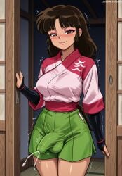 ai_generated blush breasts bridal_gauntlets brown_eyes brown_hair bulge closed_mouth clothing covered_penis covered_testicles cowboy_shot cum cum_in_clothes ejaculation elbow_gloves erection erection_under_clothes female fingerless_gloves futanari gloves green_shorts green_skirt handsfree_ejaculation indoors intersex intersex_only inuyasha japanese_clothes jousneystudio kimono long_hair looking_at_viewer medium_breasts open_door penis projectile_cum sango shorts shouji skirt sliding_doors smile solo standing testicles trembling twitching_penis