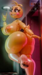 3d_(artwork) animatronic ass avian beakless big_breasts big_butt bird blender_(artwork) blender_cycles_(artwork) breasts chicken devil_horns_(gesture) digital_media_(artwork) female five_nights_at_freddy's five_nights_at_freddy's_2 galliform gesture hallway hand_gesture hi_res looking_at_viewer looking_back lovetaste_chica machine nipple_piercing nipples non-mammal_nipples nude on_one_leg phasianid piercing pinup pose raised_leg robot schnozzracclewd scottgames smile smiling_at_viewer solo standing thick_thighs toy_chica_(fnaf)