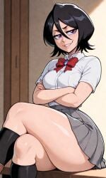 ai_generated black_hair bleach houseofwaifu kuchiki_rukia purple_eyes school_uniform schoolgirl seductive seductive_look seductive_smile shounen_jump slim_waist thick_legs thick_thighs uniform