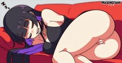 ai_generated aqua_eyes ass ass_focus black_hair blunt_bangs bocchi_the_rock! closed_eyes drooling female from_side green_eyes huge_ass large_breasts long_hair lying mikadnsfwia on_side pa-san purple_hair sleeping solo teeth thick_thighs two-tone_hair