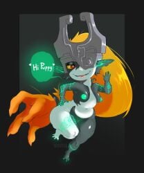 areola armor black_background black_body blonde_hair bottom_heavy dialogue eyelashes feet female front_view green_areola green_markings green_nipples grey_background hair hand_on_hip headgear heart_symbol helmet hi_res humanoid humanoid_pointy_ears imp markings midna navel nintendo nipples nude one_eye_obstructed open_mouth open_smile pointy_ears ponytail pootisspicy red_eyes shortstack simple_background smile snaggle_tooth solo speech_bubble text the_legend_of_zelda thick_thighs twili twilight_princess white_body wide_hips yellow_sclera