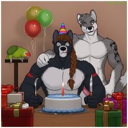 amazon_parrot arm_tattoo avian balloon bird birthday braided_hair braided_ponytail brian_hart cake candle canid canine canis clothing corvuspointer dessert duo erection food genitals gift gogowolf hair hat headgear headwear hi_res inflatable male male/male mammal neotropical_parrot parrot party_hat penis ponytail tattoo tongue tongue_out true_parrot wolf