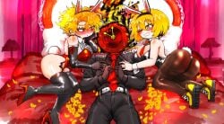 1other 2girls big_ass big_breasts blonde_hair blush bunny_ears bunny_tail bunnysuit clock dante_(limbus_company) don_quixote_(limbus_company) fire fully_clothed hand_on_chest high_heels imminent_sex laying_down laying_on_bed limbus_company object_head project_moon red_eyes sancho_(limbus_company) short_hair sweat sweatdrop tie udiedguy yellow_eyes