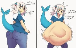 1girls angry angry_expression aplefrit bloated_belly digestion fat_ass fatal_vore gawr_gura hololive huge_belly prey_outline shark shark_tail virtual_youtuber vore vore_belly vtuber