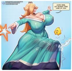 1futa cleavage dialogue erection erection_under_clothes futanari huge_breasts huge_cock jebjebbz mario_(series) princess_rosalina revealing_clothes text
