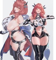 1girls armwear ass azur_lane belly belly_button big_breasts black_thighhighs blush breasts brown_eyes brown_hair close-up coat cow_ears cow_horns cow_print cow_print_armwear cow_print_gloves cowbell cowpens_(azur_lane) fake_animal_ears female female_only hair horns huge_breasts legwear mole mole_under_eye multiple_views revealing_clothes side_view sideboob skimpy skimpy_clothes smile solo solo_female supertie sweat sweatdrop sweaty sweaty_body thick_thighs thighhighs thighs white_background