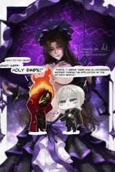 1boy 2girls artist_name artist_signature breast_tattoo breasts breasts_out brown_hair clock commission convenient_censoring dante_(limbus_company) english_dialogue english_text exposed_midriff exposed_torso eyelashes faust_(limbus_company) frills frilly_clothing glowing_eyes headwear large_breasts lemonluke101 limbus_company lipstick long_hair looking_at_viewer medium_hair parasol purple_background purple_dress red_eyes revealing_clothes revealing_dress rodion_(limbus_company) sharp_nails smile standing starry_background swearing text_bubble vampire vampire_girl white_hair womb_tattoo