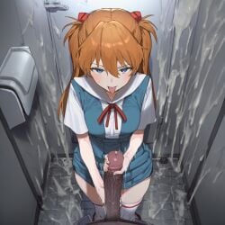 ai_generated asuka_langley_sohryu big_penis blue_eyes blush cum cum_drip cum_on_wall dark-skinned_male excessive_cum handjob interracial large_penis neon_genesis_evangelion orange_hair penis pluqqi pov red_hair school_uniform schoolgirl thick_thighs thighhighs thighs toilet toilet_stall tongue tongue_out