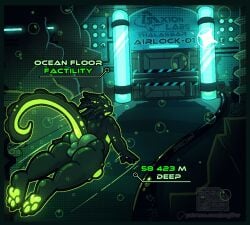 alien anthro aquatic ass backsack balls bulge clothed clothing comic deep digital_media_(artwork) english_text feet fish genitals glowing glowing_eyes lore male mammal nagifur paws rear_view science_fiction sea solo story story_in_description tail tentacle text toes underwater underwear water