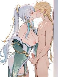 1boy 1girls aether_(genshin_impact) ai_generated artist_name censored hehearies horny_female kissing masturbation mihoyo pleasure_face sex straight zibai_(genshin_impact)