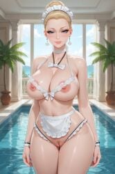 1girls ai_generated areola_peek areolae arms_down balcony belly_button blonde_female blonde_hair blue_eyes blush bow_necklace breasts breasts_exposed breasts_out choker crotchless crotchless_panties earrings female frill_trim frills hair_bun indoor_pool large_breasts maid maid_apron maid_bikini maid_headdress maid_outfit maid_uniform midriff necklace nipple_peek nipples open_bra outdoor_background pool potted_plant pubic_hair pussy_juice pussy_juice_drip rgomez007 seductive_smile skindentation solo_female stable_diffusion standing thick_lips thick_thighs updo vulva wide_hips wrist_cuffs