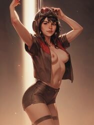 ai_generated caedia chelli_lona_aphra dark_hair goggles goggles_on_head star_wars stripper_pole topless