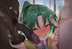 1girl 2boys ai_generated aroused blush caressing_testicles cuckold cuckold_orgasm cum dark-skinned_male female green_eyes green_hair half-closed_eyes hazakura151 heart highres higurashi_no_naku_koro_ni huge_balls huge_cock huge_testicles humiliation indoors interracial kiss_mark kiss_mark_on_penis light-skinned_female light-skinned_male lipstick_mark lipstick_on_penis male_pubic_hair netorare netorase penis_on_face penis_size_difference precum pubic_hair sagging_balls small_balls small_penis small_penis_humiliation smile smug sonozaki_mion steam sweat trembling veiny_penis