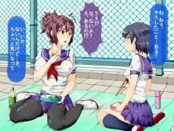 absurd_res ass aware before_rape before_time_stop black_hair black_hair_female black_stockings black_thighhighs brown_hair brown_hair_female collarbone eating eating_food erect_nipples erect_nipples_under_clothes huge_breasts imminent_time_stop japanese_dialogue jikan_teishi_club nyuu_(manekin-eko) pleated_miniskirt pleated_skirt purple_eye purple_miniskirt purple_skirt red_eyes school_skirt school_uniform short_skirt sideboob skirt speech_bubble translation_request unnamed_characters