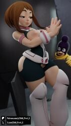1girls 3d ass belt blender boots breasts brown_hair cheating_girlfriend cut_clothes height_difference looking_at_partner minoru_mineta minoru_mineta_(hero_outfit) my_hero_academia ochako_uraraka ochako_uraraka_(hero_outfit) partially_clothed pervert purple_hair shhi_prvrt_x superheroine tongue_out training_room uravity