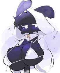 big_breasts black_body blush boobs_focus bra breasts_focus bunny_ears covered_nipples hood large_boobs large_breasts oversized_clothes oversized_sleeves rain_world shiyaa_stuff tagme tagme_(character) tagme_(series) tagme_(source) the_watcher watcher_(rain_world) white_background white_bra white_clothing white_eyes