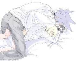 2boys androgynous blush dominant domination embarrassed femboy femboysub galo_thymos gay gay_sex lio_fotia on_bed promare size_difference submissive_male tied_up twink