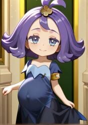 acerola_(pokemon) aged_up aged_up_character aged_up_female ai_generated cutie elite_four looking_at_viewer pokemon pokemon_sm pregnant pregnant_belly pregnant_female purple_hair purple_hair_female smug smug_face trial_captain