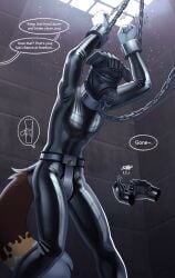 100racs absurd_res ambiguous_species anthro black_bodysuit black_clothing black_skinsuit bodysuit bound brown_tail chained chains chastity_belt chastity_device clothed clothing collar cuff_(restraint) disembodied_hand english_text group hand_on_head hands_tied hi_res inside male male_anthro mask metal_collar nonbinary_(lore) obscured_eyes obscured_face restraints skinsuit solo_focus speech_bubble standing tail tan_tail text tight_clothing trio wearing_chastity_belt wearing_chastity_device wearing_mask white_tail wrist_cuffs