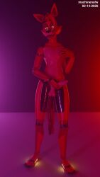 3d_(artwork) absurd_res animatronic anthro balls big_penis bioluminescence blender_(artwork) blender_cycles_(artwork) canid canine digital_media_(artwork) five_nights_at_freddy's fox foxy_(fnaf) genitals glowing glowing_eyes hand_on_chest hi_res humanoid jerking looking_at_genitalia looking_at_penis looking_at_viewer looking_pleasured machine machinensfw male male/male mammal masturbation metallic_body open_mouth penis robot scottgames simple_background skinny solo standing